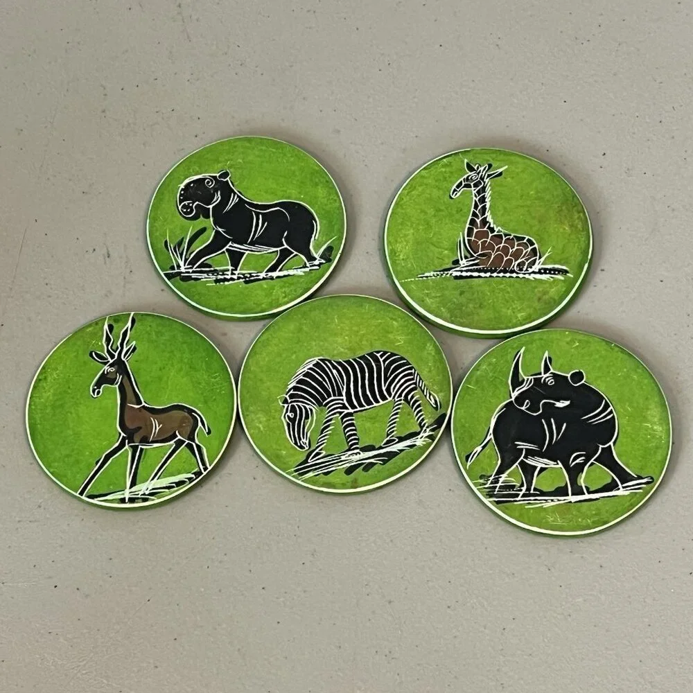 African Safari Green Soapstone Drink Coasters Zebra Rhino Giraffe Gazelle